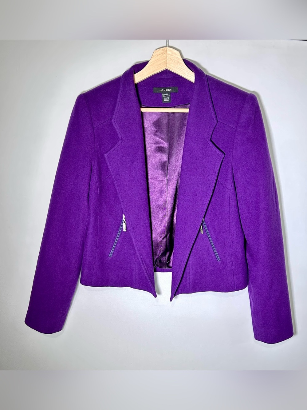 Louben Wool Cashmere Purple Cropped Blazer Jacket Size 4 Made in Canada Like New
